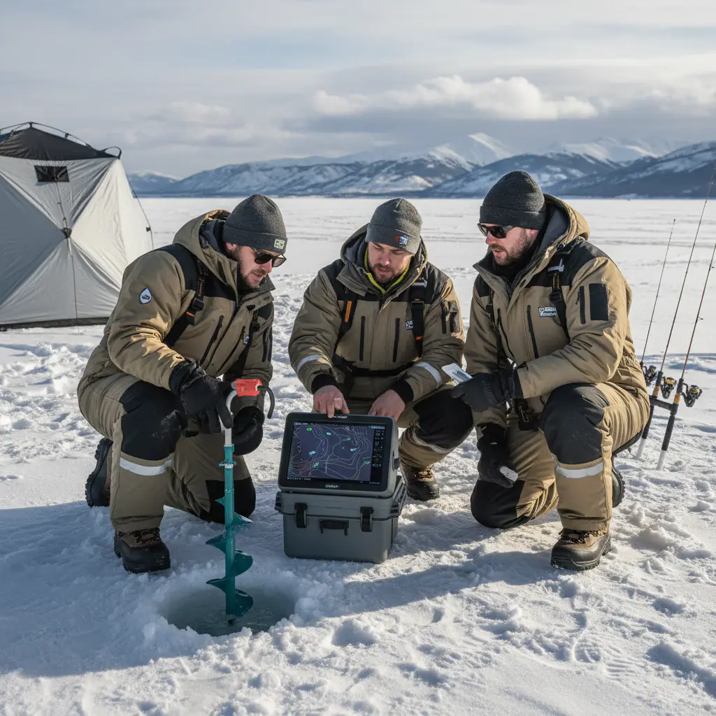 Ice fishing team analyzing conditions