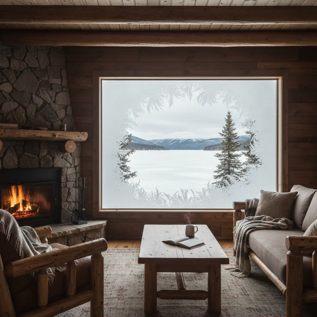 Cabin interior looking out to frozen lake