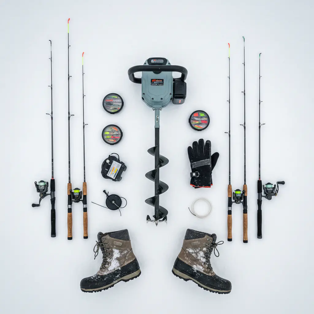 Modern ice fishing rods and auger
