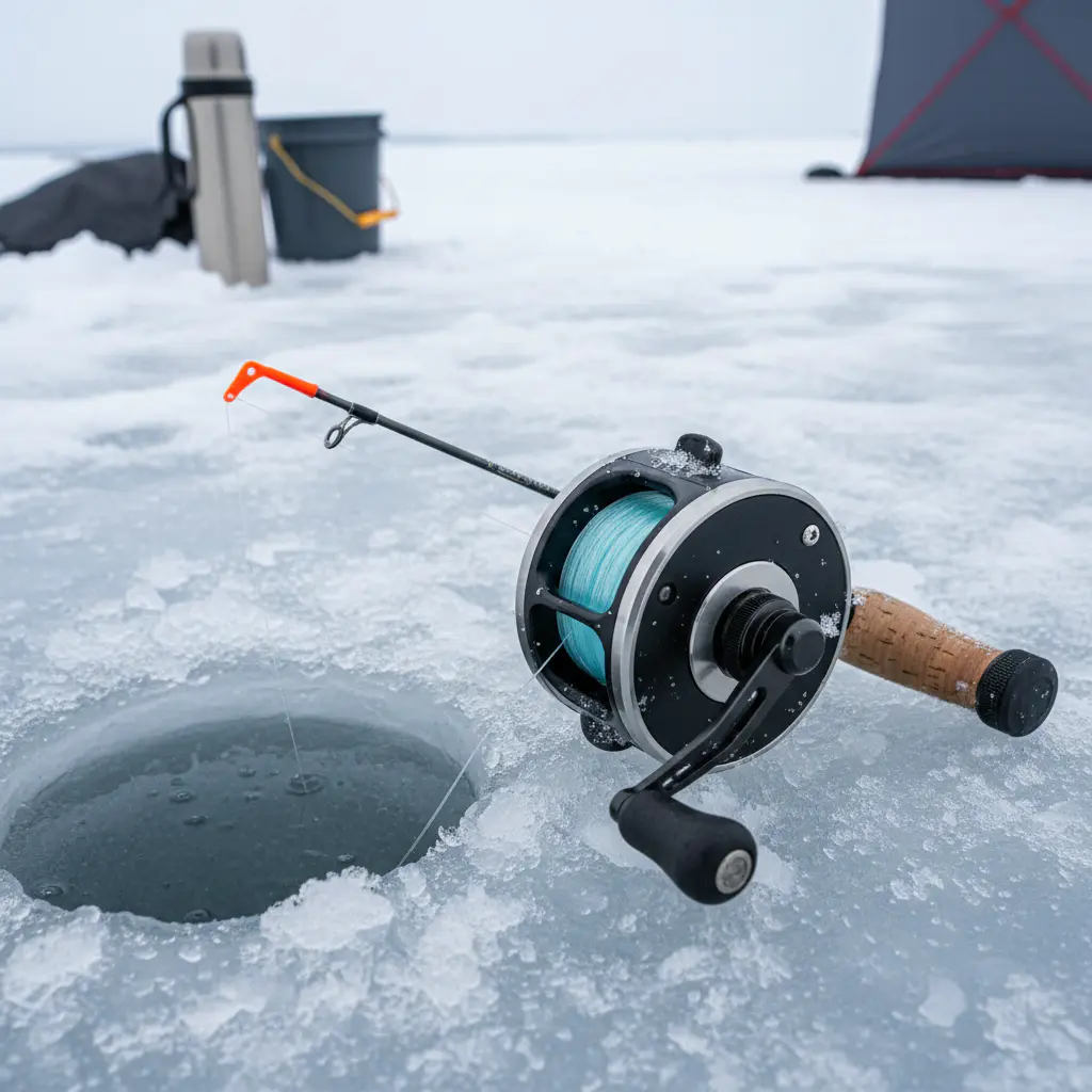 Close up of ice fishing reel and rod