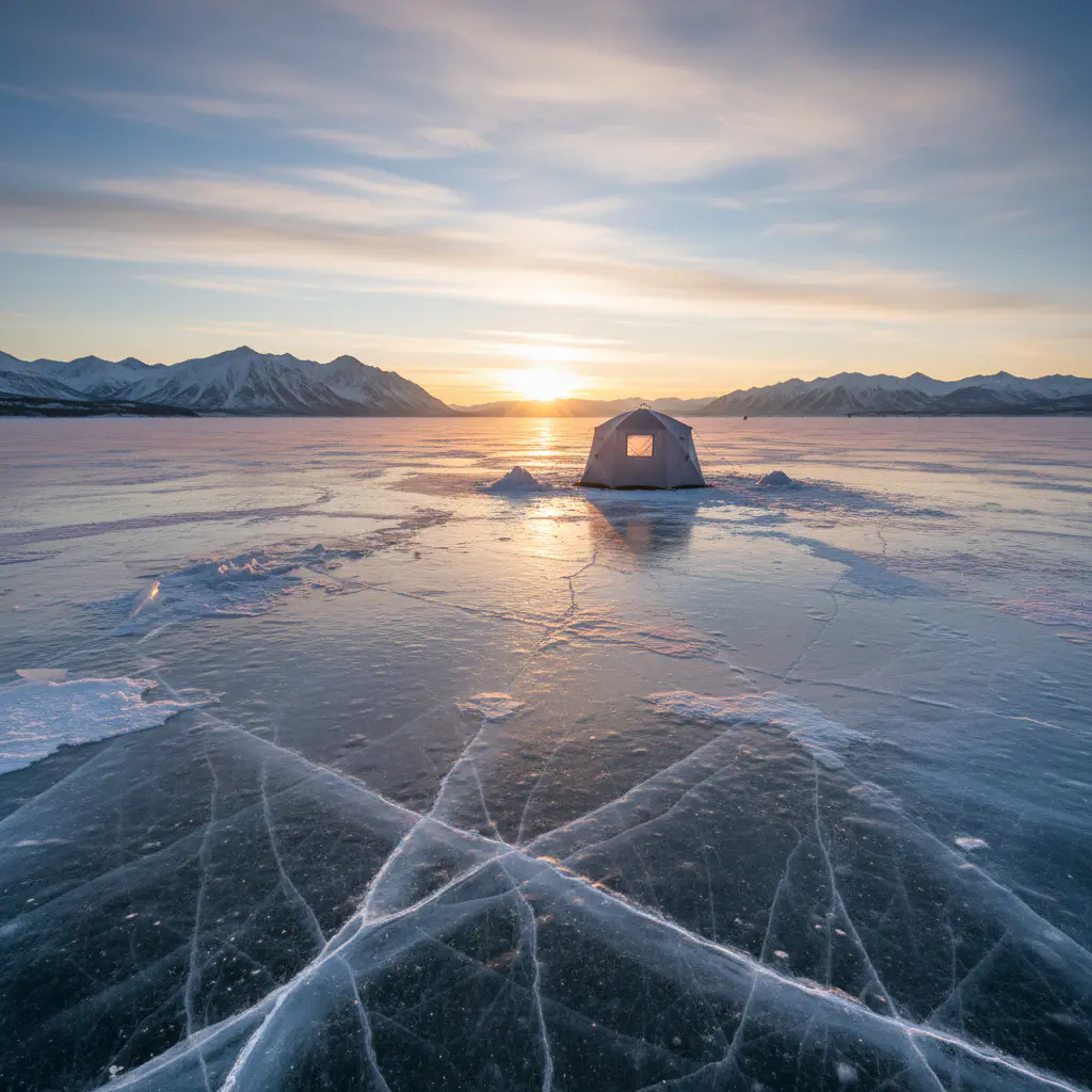 Cinematic wide shot of a frozen lake at dawn